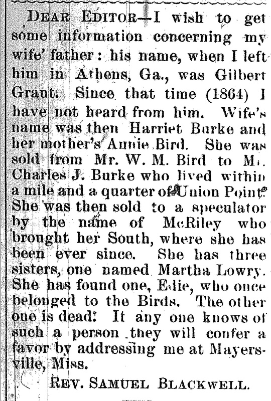 Rev. Samuel Blackwell looking for his father-in-law Gilbert Grant