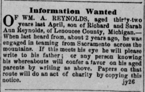 Richard and Sarah Reynolds searching for their son Wm. A. Reynolds