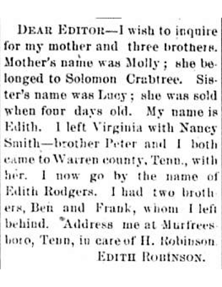 Edith Rodgers (formerly Edith Robinson) searching for her mother Molly and three brothers 