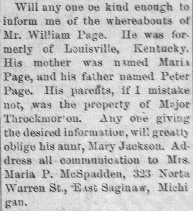 Mrs. Maria McSpadden searching for Mr. William Page on behalf of his aunt Mary Jackson