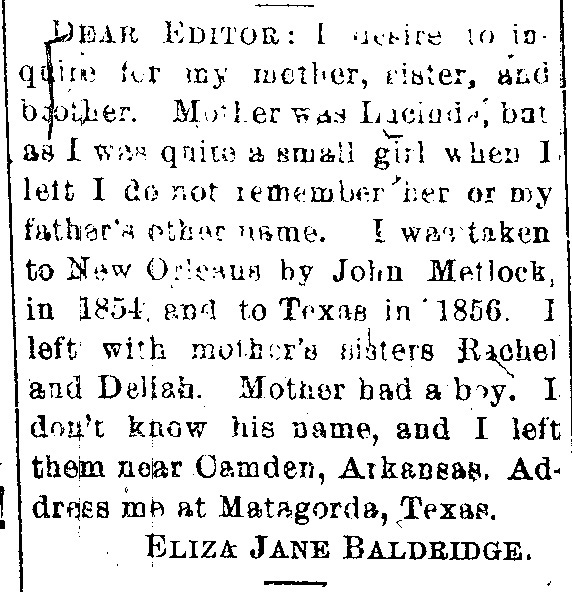 Eliza Jane Baldridge searching for her mother Lucinda and siblings