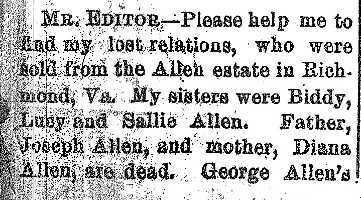 Daniel Allen searching for his relatives including sisters Biddy, Lucy, and Sallie Allen