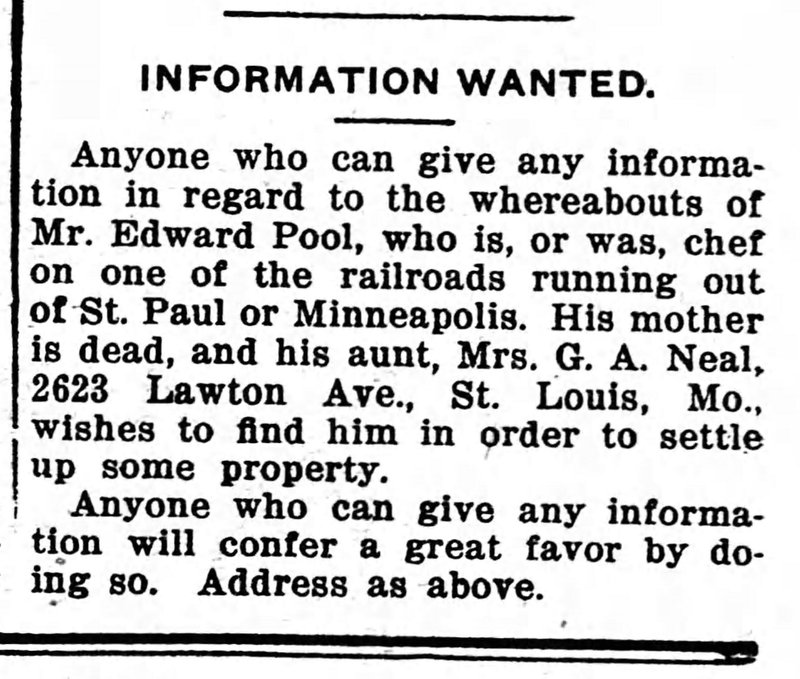 Mrs. G. A. Neal searching for nephew Mr. Edward Pool