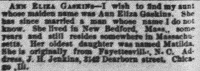 J.H. Jenkins searching for his aunt Ann Elizabeth Gaskins