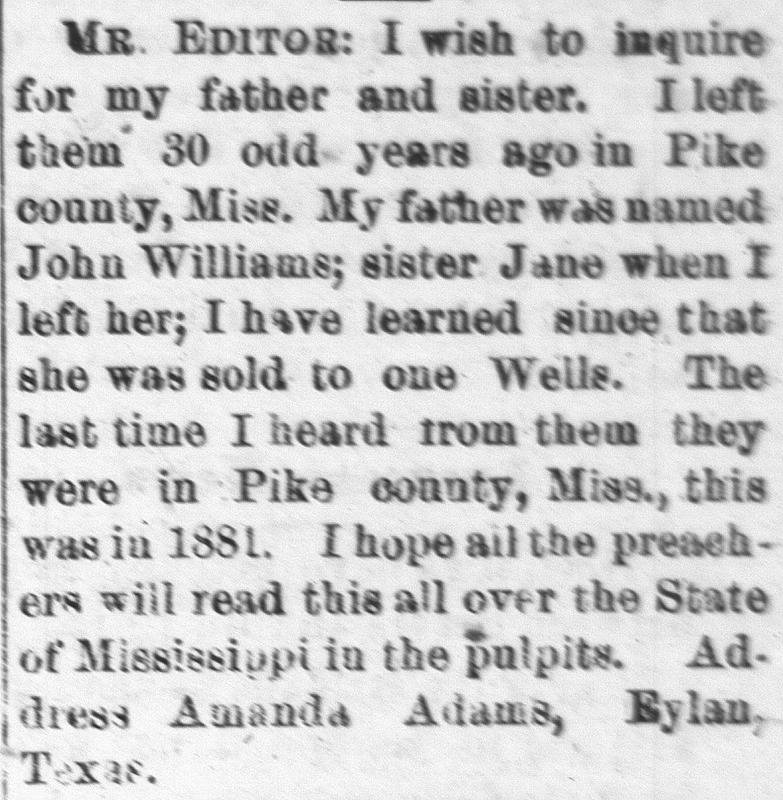 Amanda Adams searching for her father, John Williams, and sister Jane