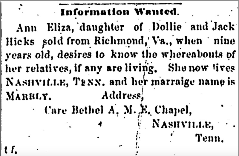 Ann Eliza Marbly searching for relatives