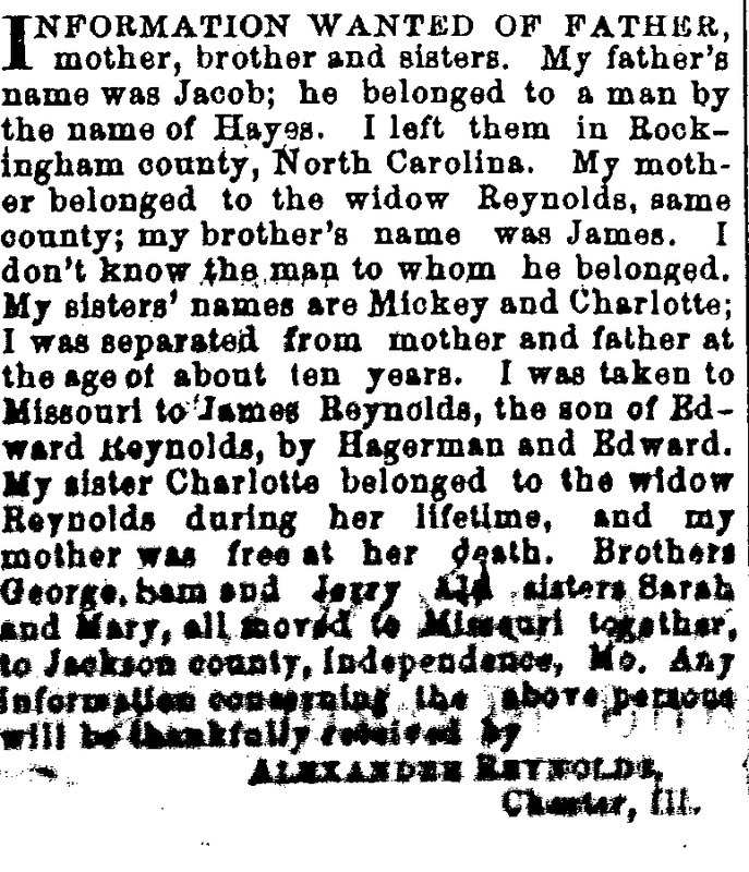 Alexander Reynolds looking for information about his father Jacob and several members of his family