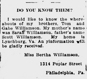 Miss Bertha Williamson searching for her brothers