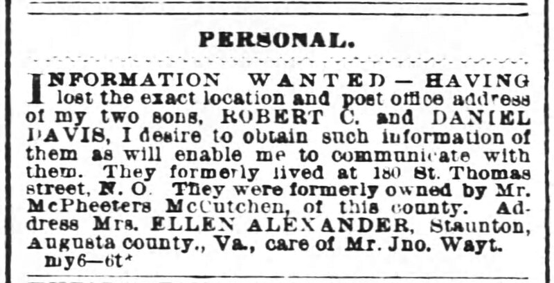 Mrs. Ellen Alexander searching for her sons, Robert C. Davis and Daniel Davis 