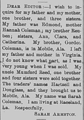 Sarah Armston (formerly Sarah Coleman) searching for her family, including her father Edmond and mother Hannah Coleman