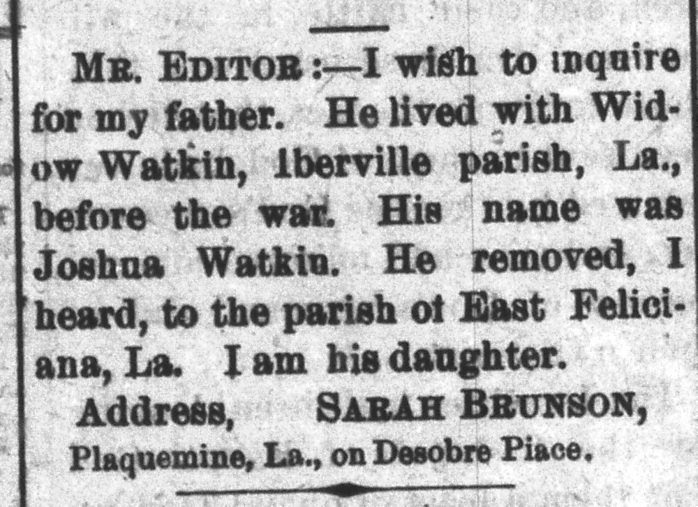 Sarah Brunson seeking her father Joshua Watkin