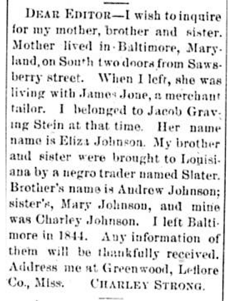 Charley Strong (formerly Charley Johnson) searching for his mother Eliza Johnson, brother Andrew Johnson, and sister Mary Johnson