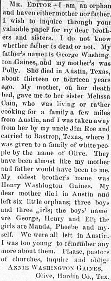 Annie Washington Gaines seeking her brothers and sisters, including Henry Washington Gaines