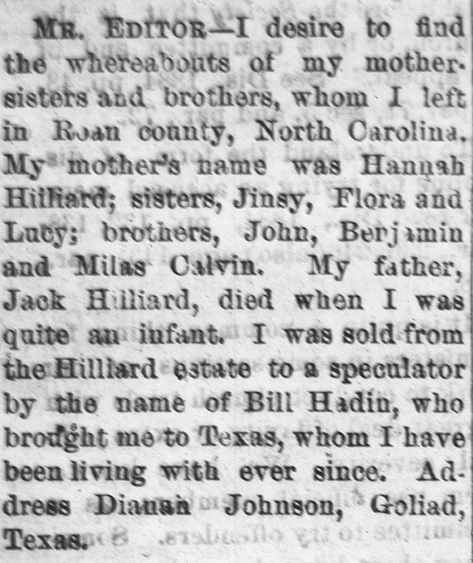 Dianah Johnson searching for her mother Hannah Hilliard, sisters, and brothers