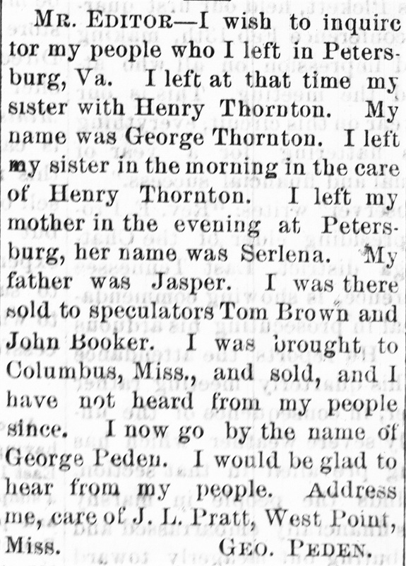 George Peden seeking his mother Serlena and sister