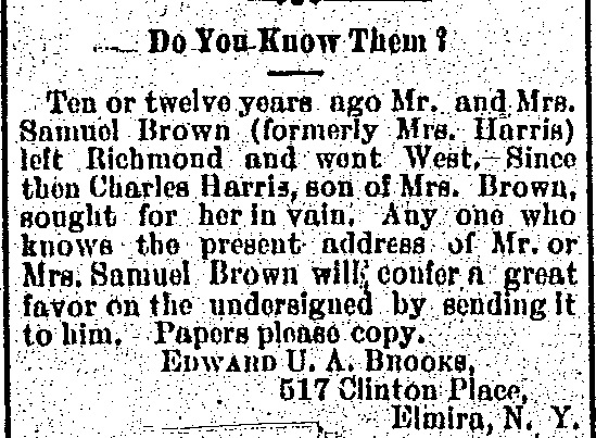 Charles Harris looking for his parents Mr. and Mrs. Samuel Brown (1st of 2 ads)