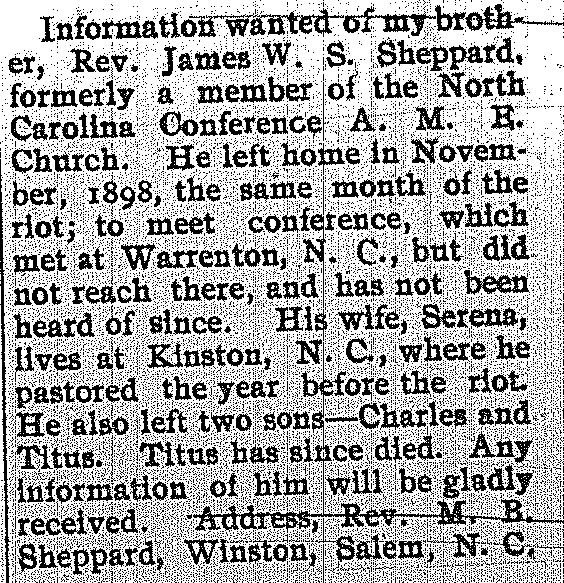 Rev. M. B. Sheppard seeking information of his brother Rev. James W. S. Sheppard