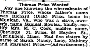 Mrs. Charlotte M. Cook (formerly Charlotte Price) searching for Thomas Price