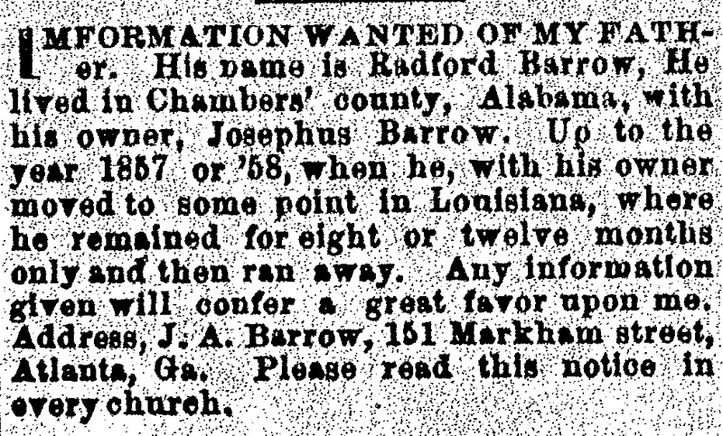 J. A. Barrow seeking information about his father Radford Barrow