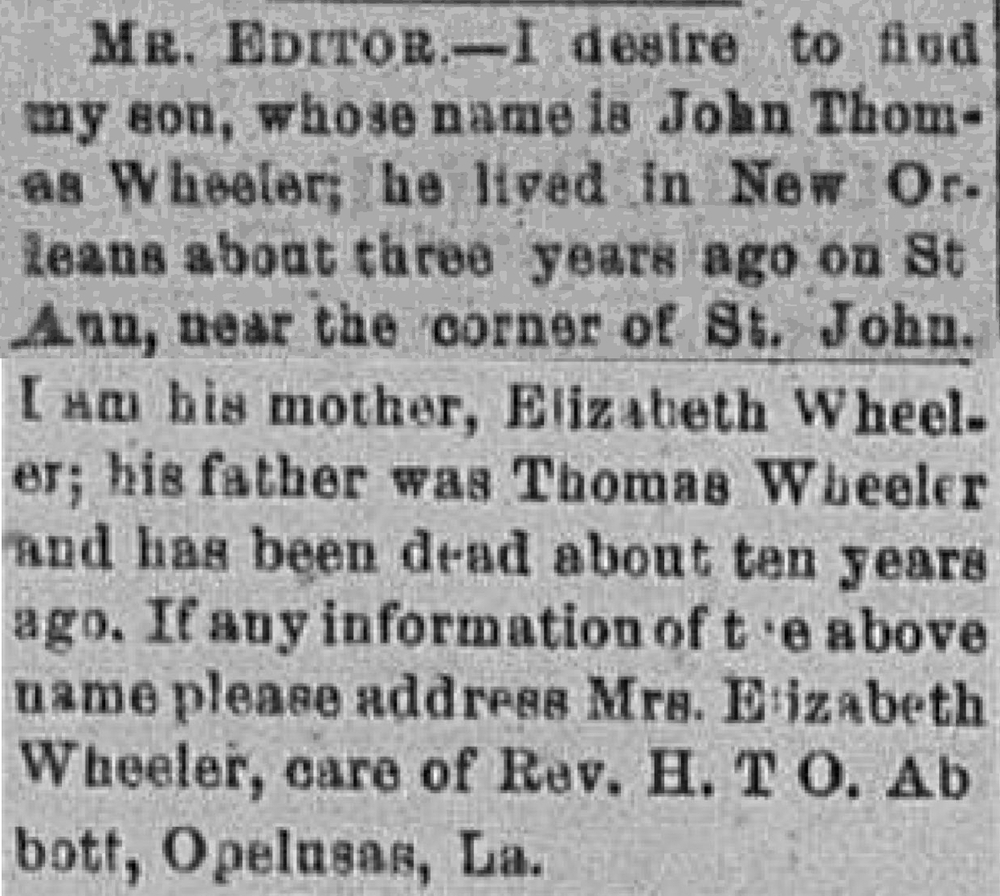 Mrs. Elizabeth Wheeler seeking her son John Thomas Wheeler