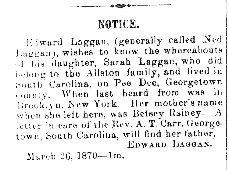 Edward Laggan seeking information about his daughter Sarah Laggan