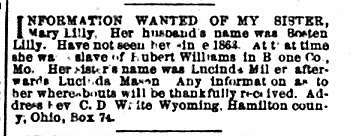 Rev. C. D. White searching for their sister Mary Lilly