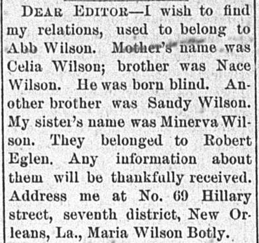 Maria Wilson Botly seeking her mother Celia Wilson, and her siblings Nace, Sandy, and Minerva Wilson