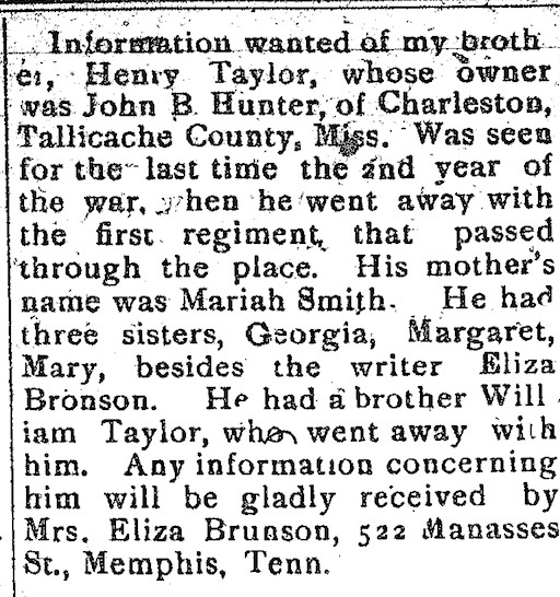 Mrs. Eliza Brunson seeking information about her brother Henry Taylor