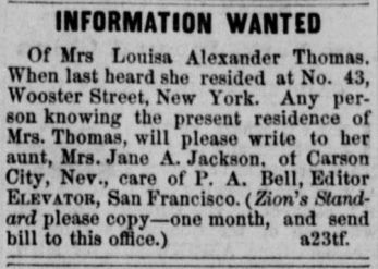 Jane A. Jackson searching for her niece Louisa Alexander Thomas