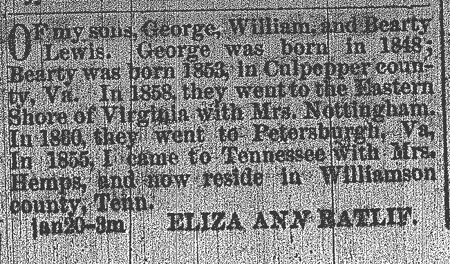 Eliza Ann Ratlif looking for her sons George, William, and Bearty Lewis