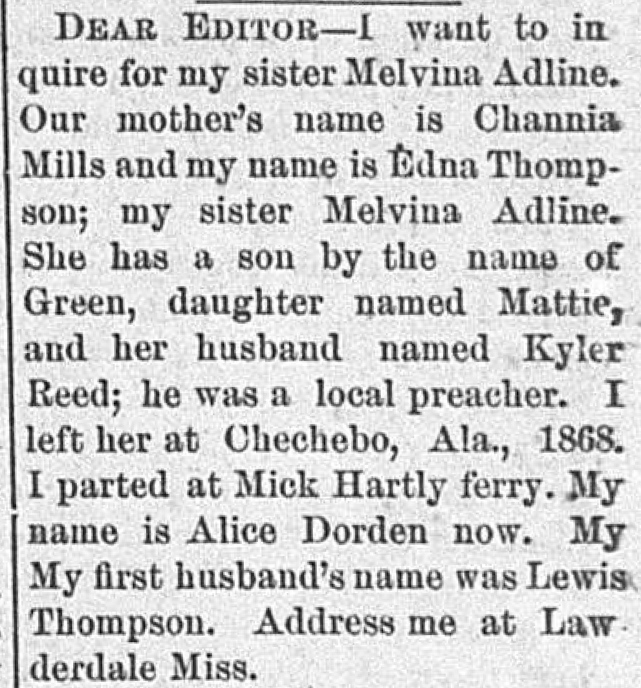 Alice Dorden (formerly Edna Thompson) seeking her sister Melvina Adline