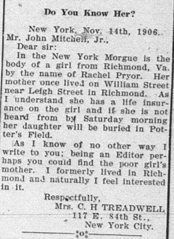 C. H. Treadwell is searching for the mother of a girl who has died.