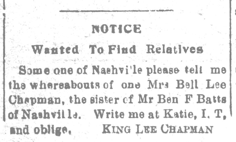 King Lee Chapman searching for Mrs. Bell Lee Chapman