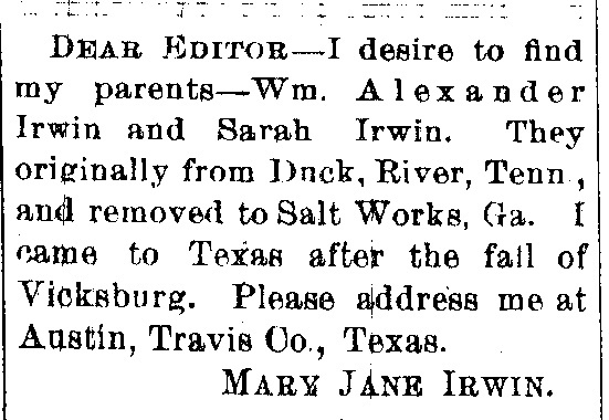 Mary Jane Irwin seeking information about her parents William Alexander Irwin and Sarah Irwin