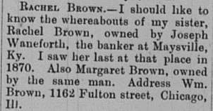 William Brown seeking Rachel and Margaret Brown