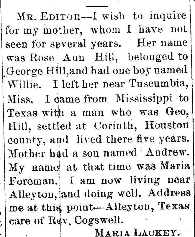 Maria Lackey (formerly Maria Foreman) searching for her mother Rose Ann Hill