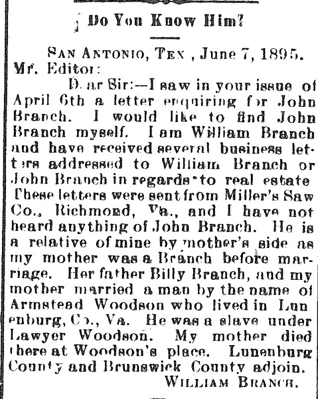 William Branch seeking information of John Branch