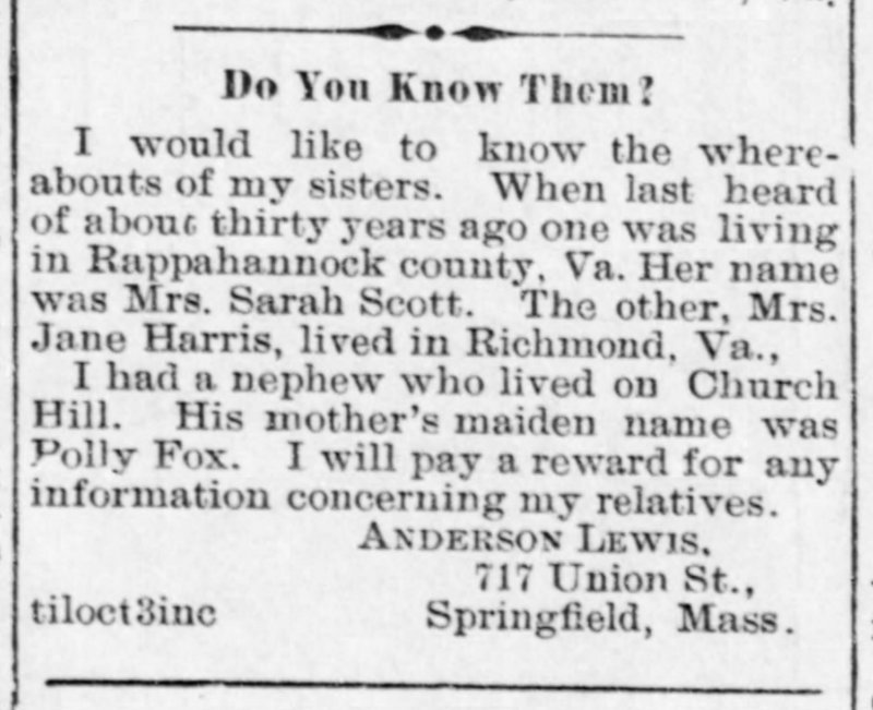 Anderson Lewis looking for information about his sisters Mrs. Sarah Scott and Mrs. Jane Harris