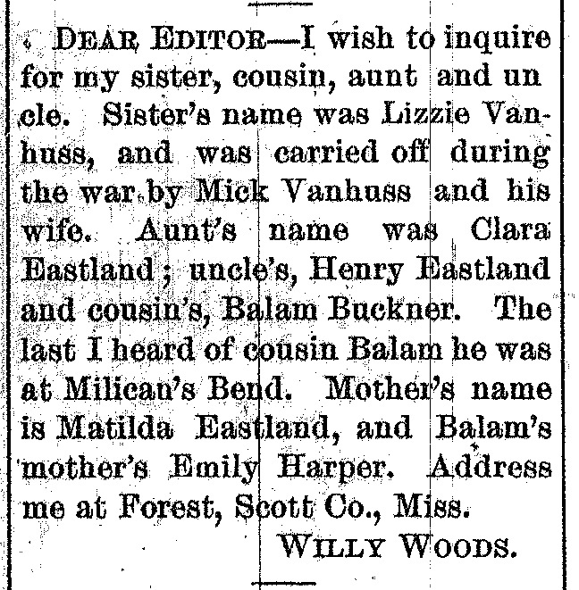 Willy Woods seeking information about his sister Lizzie Vanhuss and several members of his family