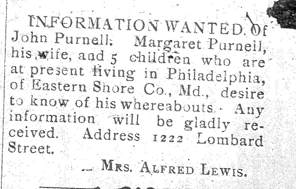 Mrs. Alfred Lewis searching for John Purnell