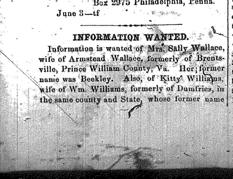 Elizabeth Ann Jackson searching for Kitty Williams, Sally Wallace, Wm. Beekly and John Beekly