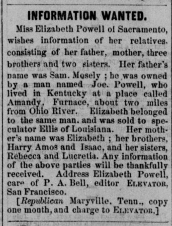 Elizabeth Powell searching for her father Sam Moseley, mother Elizabeth, and siblings Harry, Amos, Isaac, Rebecca, and Lucretia