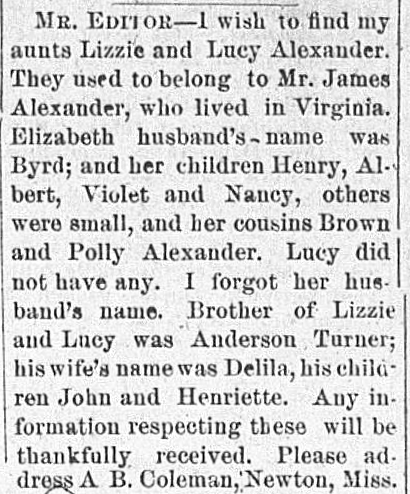 A. B. Coleman seeking their aunts Lizzie and Lucy Alexander 