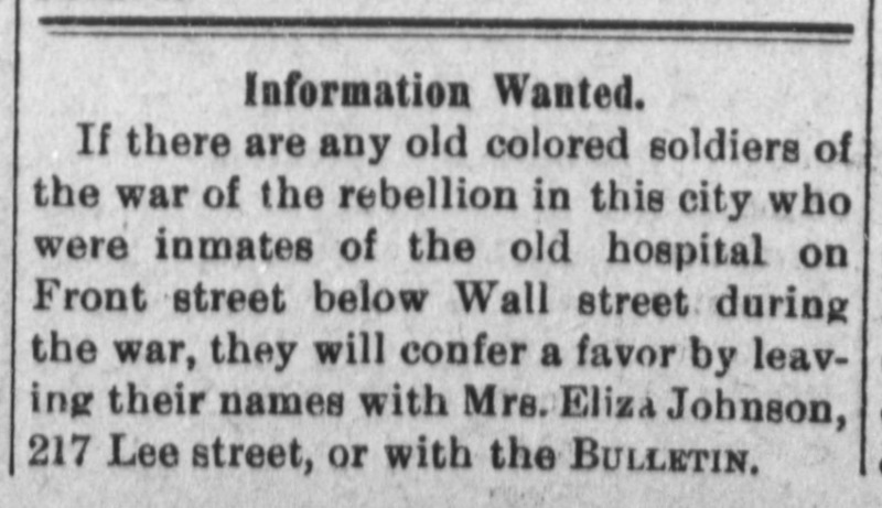 Mrs. Eliza Johnson looking for Civil War veterans 