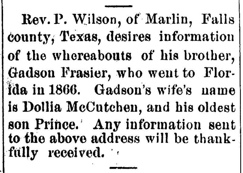 Rev. P. Wilson looking for his brother Gadson Frasier