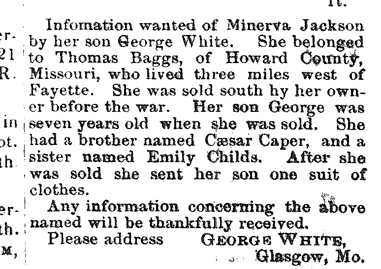 George White looking for his mother Minerva Jackson