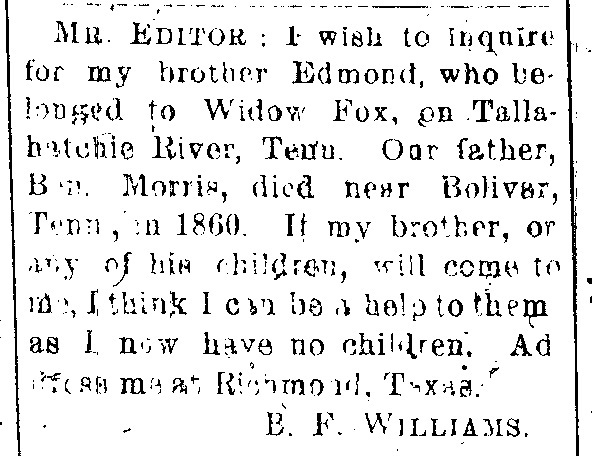 B. F. Williams searching for his brother Edmond