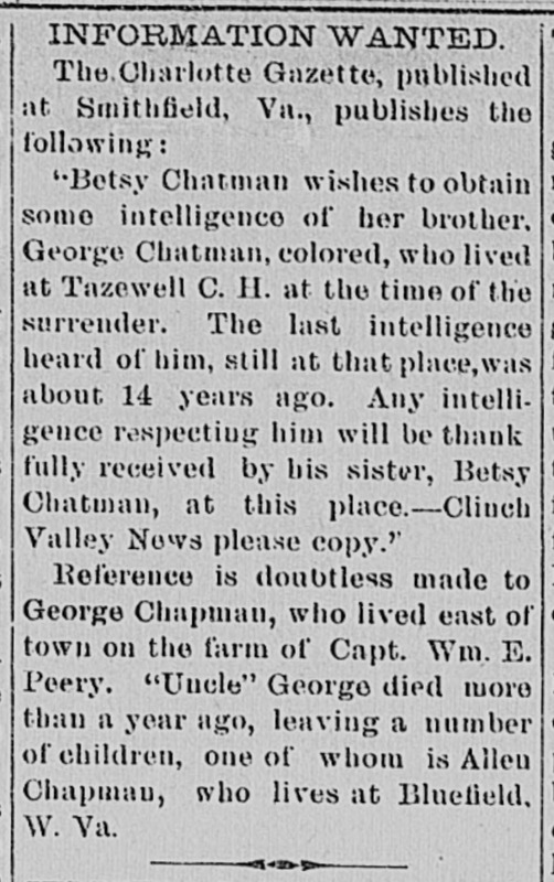 Response given to Betsy Chatman searching for brother George Chatman or George Chapman