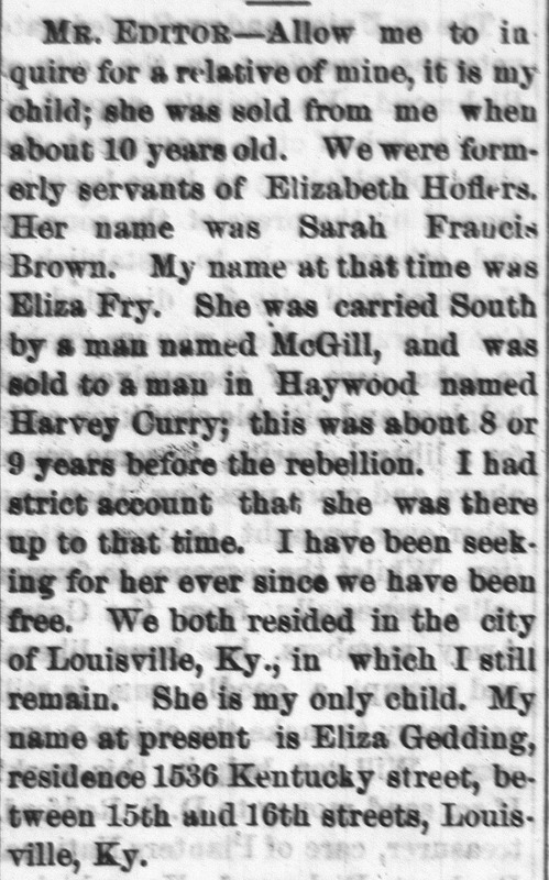 Eliza Gedding (formerly Eliza Fry) searching for her daughter Sarah Francis Brown