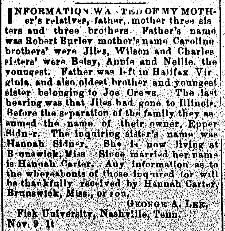 George A. Lee searching for his grandparents Caroline and Robert Burley and several aunts and uncles